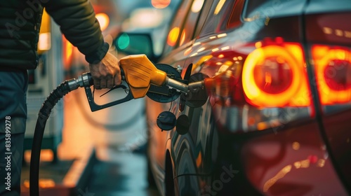 Car Driver at Gas Station Filling Up Tank with Fuel Pump
 photo