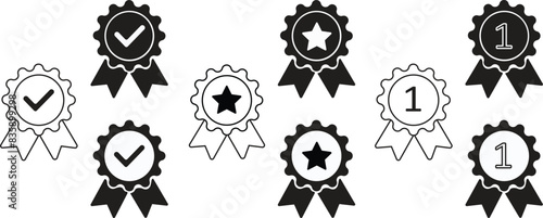 Set of medal or guarantee icons. Badge concept of minimal consumer control emblem or assurance flat check approval, one and star trendy modern distinction win logotype isolated transparent background.