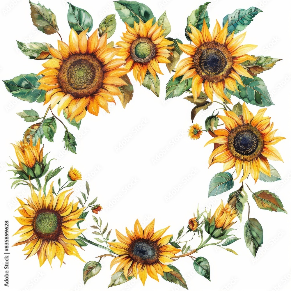 A watercolor illustration of a sunflower wreath with eight sunflowers and green leaves on a white background A watercolor illustration of a sunflower wreath with eight sunflowers and green leaves on a white background