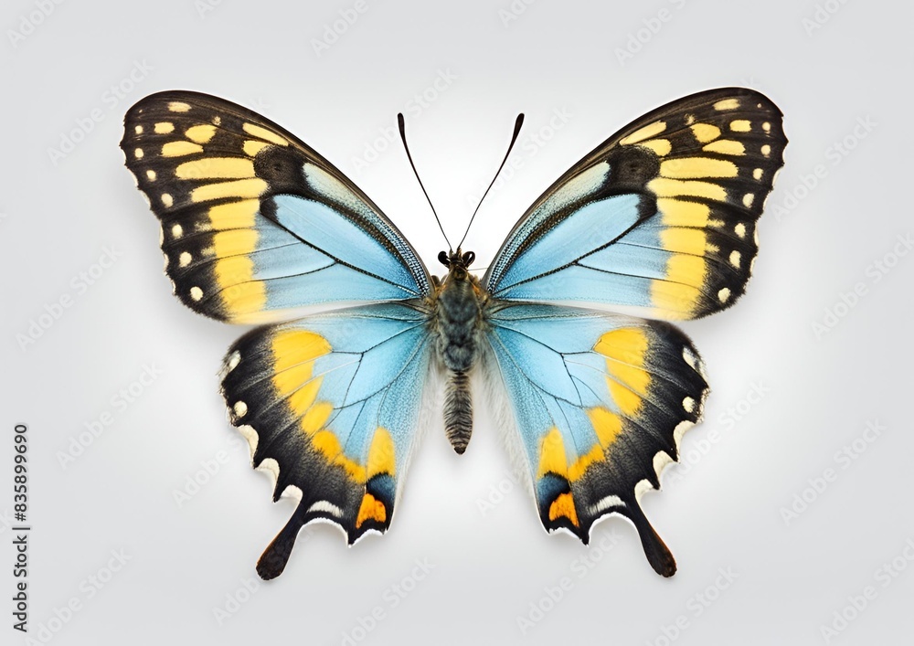Fototapeta premium Very beautiful light blue yellow butterfly with spread wings isolated on white background