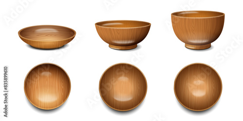 Wooden round food bowls, plates realistic 3d vector illustration set