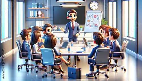 3D illustration of a manager meeting with a team, depicted as cartoon characters. photo