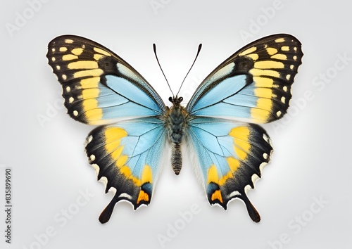 Very beautiful light blue yellow butterfly with spread wings isolated on white background © PixelAIHub37
