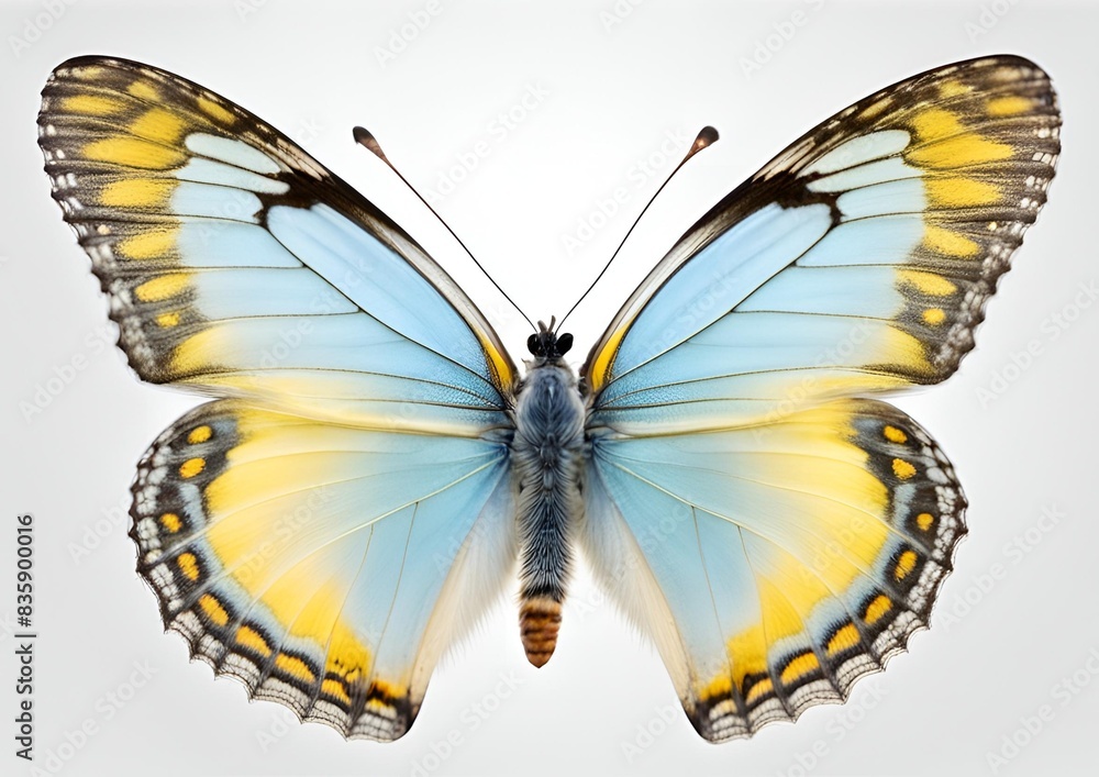 Obraz premium Very beautiful light blue yellow butterfly with spread wings isolated on white background