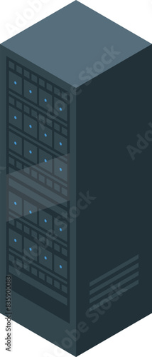Detailed isometric vector illustration of a modern server rack in a data center with networking equipment and computer hardware