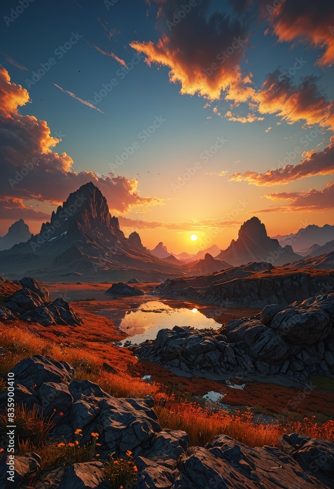 Mountain Sunset with Reflection