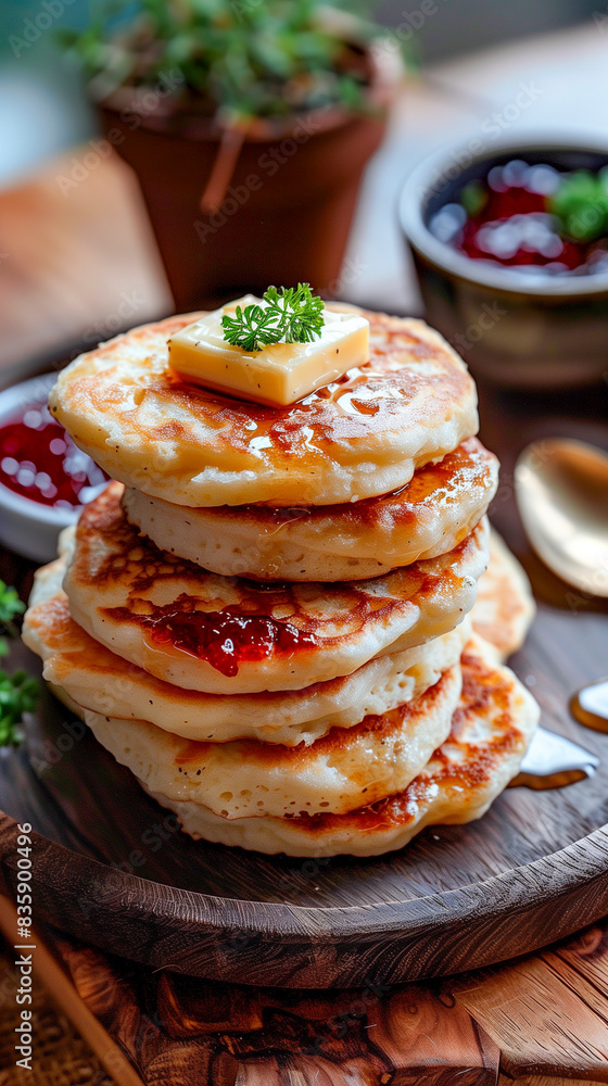 Crumpets with butter and jam, on a quaint tea table. Crumpets with butter and jam, on a quaint tea table.