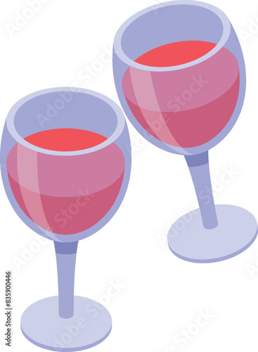 Isometric vector illustration of two elegant glasses filled with red wine on a light background