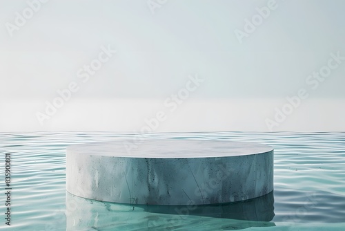 empty podium product display with water ripples and green leaf, for beauty cosmetic mockup presentation, nature and pristine