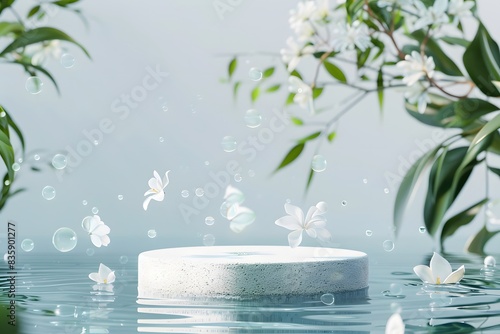 empty podium product display with water ripples and green leaf, for beauty cosmetic mockup presentation, nature and pristine
