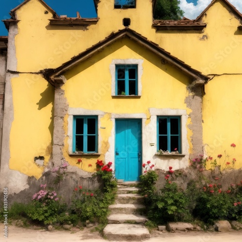 A charming yellow house with a vibrant blue door, surrounded by blooming flowers. The rustic exterior and bright colors create a cheerful and welcoming scene, perfect for depicting quaint village life