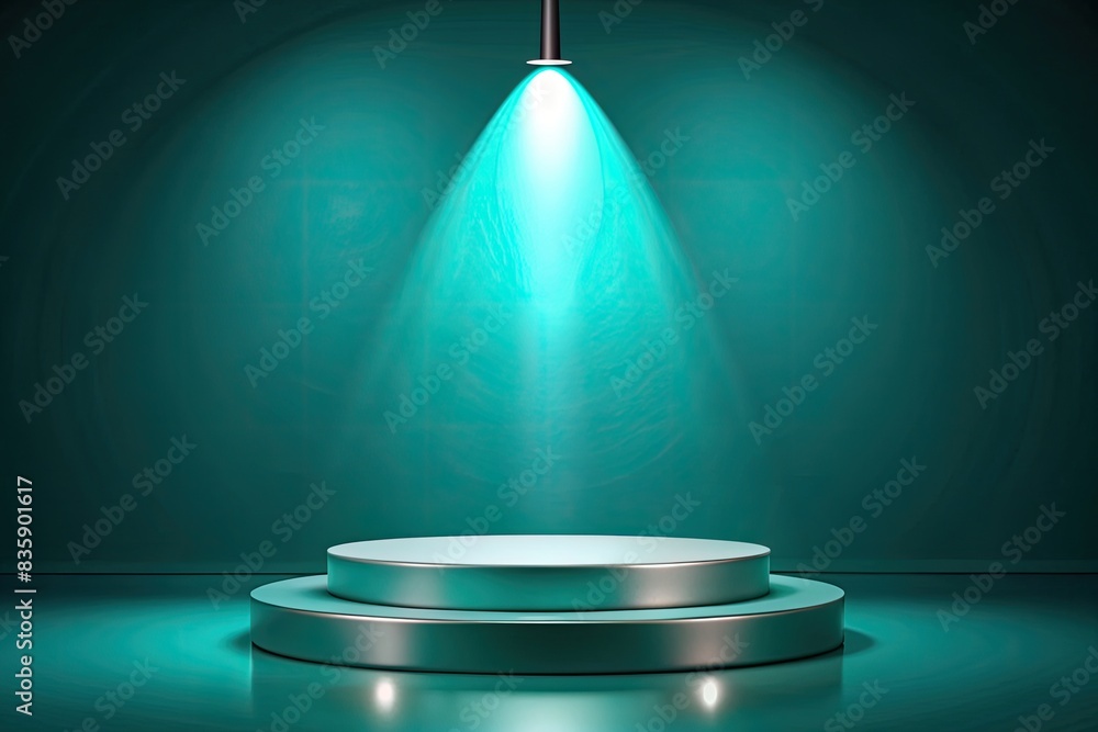 Small silver pedestal under a teal spotlight. Small silver pedestal under a teal spotlight.