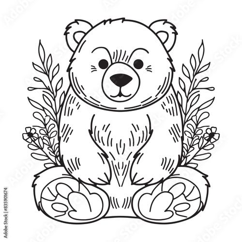Cute bear with floral design elements, black vector illustration on white background