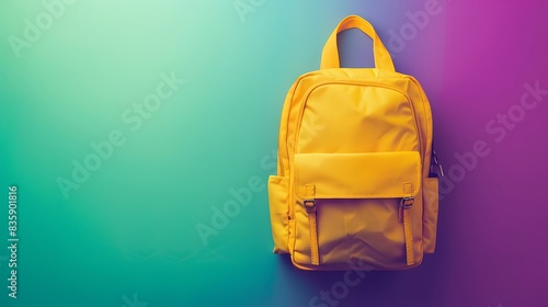 Bright yellow school bag against a gradient of green to purple hues.