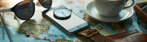 The map, phone, watch, and tea cup on the table 