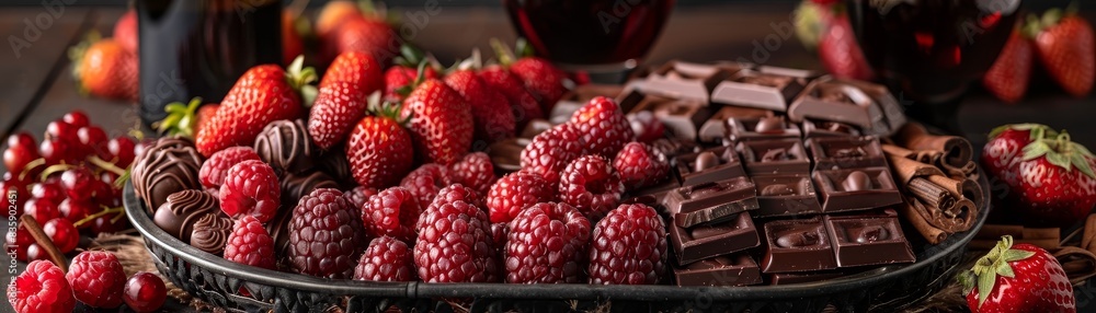A tray of strawberries and chocolate is on a table A tray of strawberries and chocolate is on a table