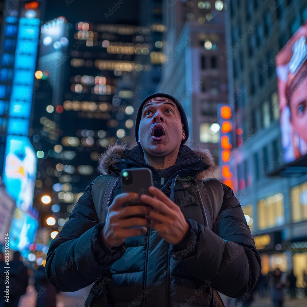 Urban Nightlife: Man in Hoodie Texting on Phone Urban Nightlife: Man in Hoodie Texting on Phone