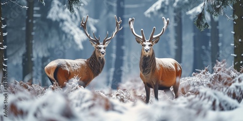 Male and female Red deer  a large species in the forest  found in oak trees on Studen Kladenec mountain in the Eastern Rhodopes of Europe. Snowy habitat  winter  Generative AI