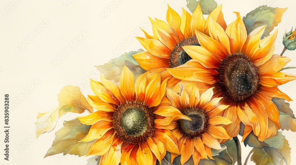 A close-up watercolor painting of sunflowers in a bouquet copyspace A close-up watercolor painting of sunflowers in a bouquet copyspace