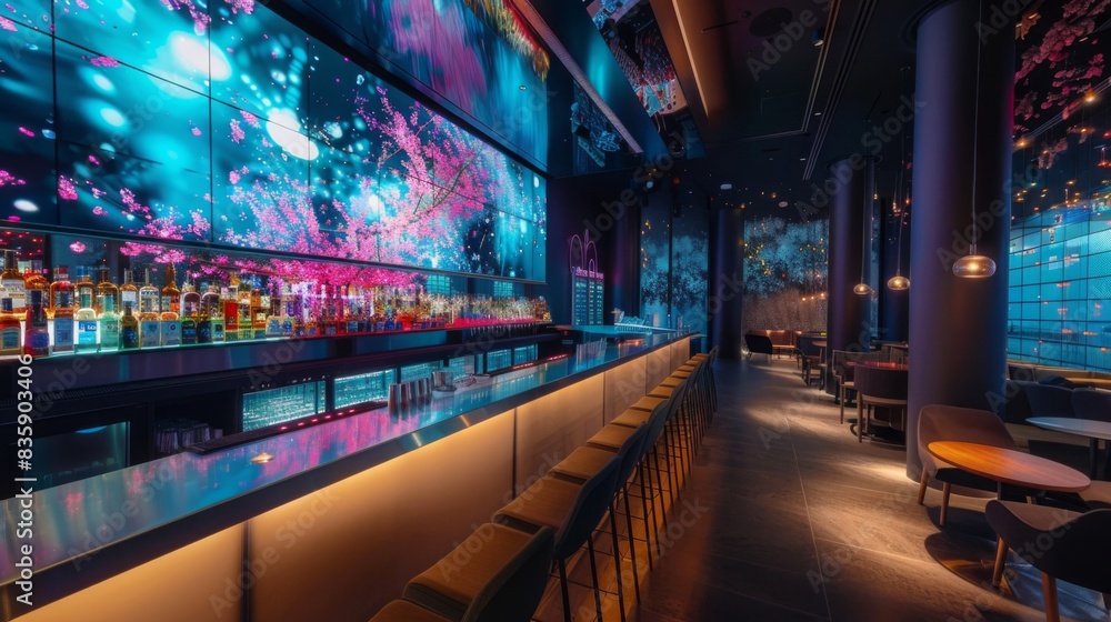 A high-tech cocktail bar serving innovative drinks with Japanese ingredients, featuring digital menus and robotic bartenders, emphasizing creativity and modernity. A high-tech cocktail bar serving innovative drinks with Japanese ingredients, featuring digital menus and robotic bartenders, emphasizing creativity and modernity.