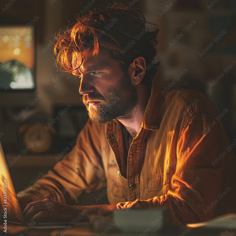 Intense Focus: Man Working on Laptop at Night Intense Focus: Man Working on Laptop at Night