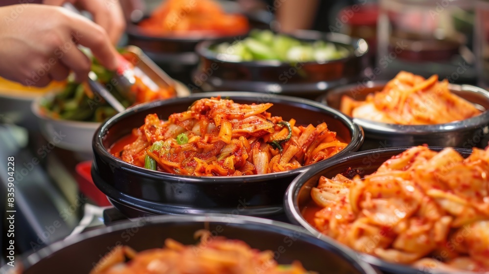 a kimchi tasting event, showcasing various types of kimchi in a setting of a modern food festival, emphasizing diversity and culinary exploration.