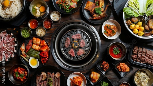 a Korean BBQ with global influences, showcasing international marinades and side dishes in a setting of a cosmopolitan restaurant, emphasizing fusion and diversity.