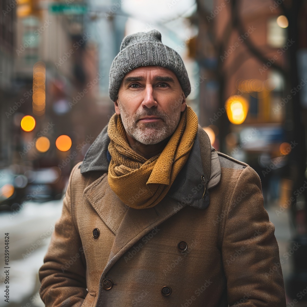 Mature Man in Winter Coat and Scarf, Urban Street Scene Mature Man in Winter Coat and Scarf, Urban Street Scene
