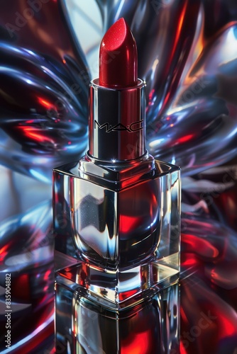 Red lipstick with a sleek design on a reflective surface with artistic metallic background. photo