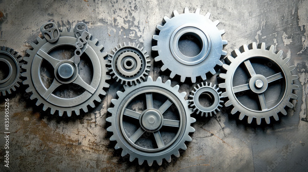 Gear steel metal Neatly arranged gears and cogs symbolizing efficient business maintenance against a metallic background Gear steel metal Neatly arranged gears and cogs symbolizing efficient business maintenance against a metallic background