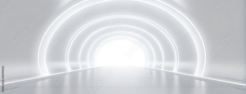 White Background 3D Room with Light Abstract Space. Technology Tunnel Stage Floor. Empty White Future 3D Neon Background Studio. Futuristic Corridor, Modern Interior, Silver Road, Black Wall Design. White Background 3D Room with Light Abstract Space. Technology Tunnel Stage Floor. Empty White Future 3D Neon Background Studio. Futuristic Corridor, Modern Interior, Silver Road, Black Wall Design.