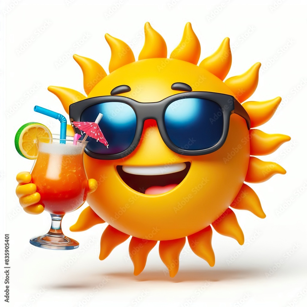 a 3D sun emoji wearing sunglasses holding a cocktail mug on a white background a 3D sun emoji wearing sunglasses holding a cocktail mug on a white background