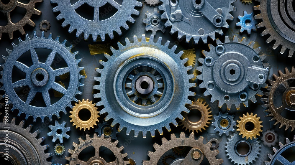 Gear steel metal Neatly arranged gears and cogs symbolizing efficient business maintenance against a metallic background Gear steel metal Neatly arranged gears and cogs symbolizing efficient business maintenance against a metallic background