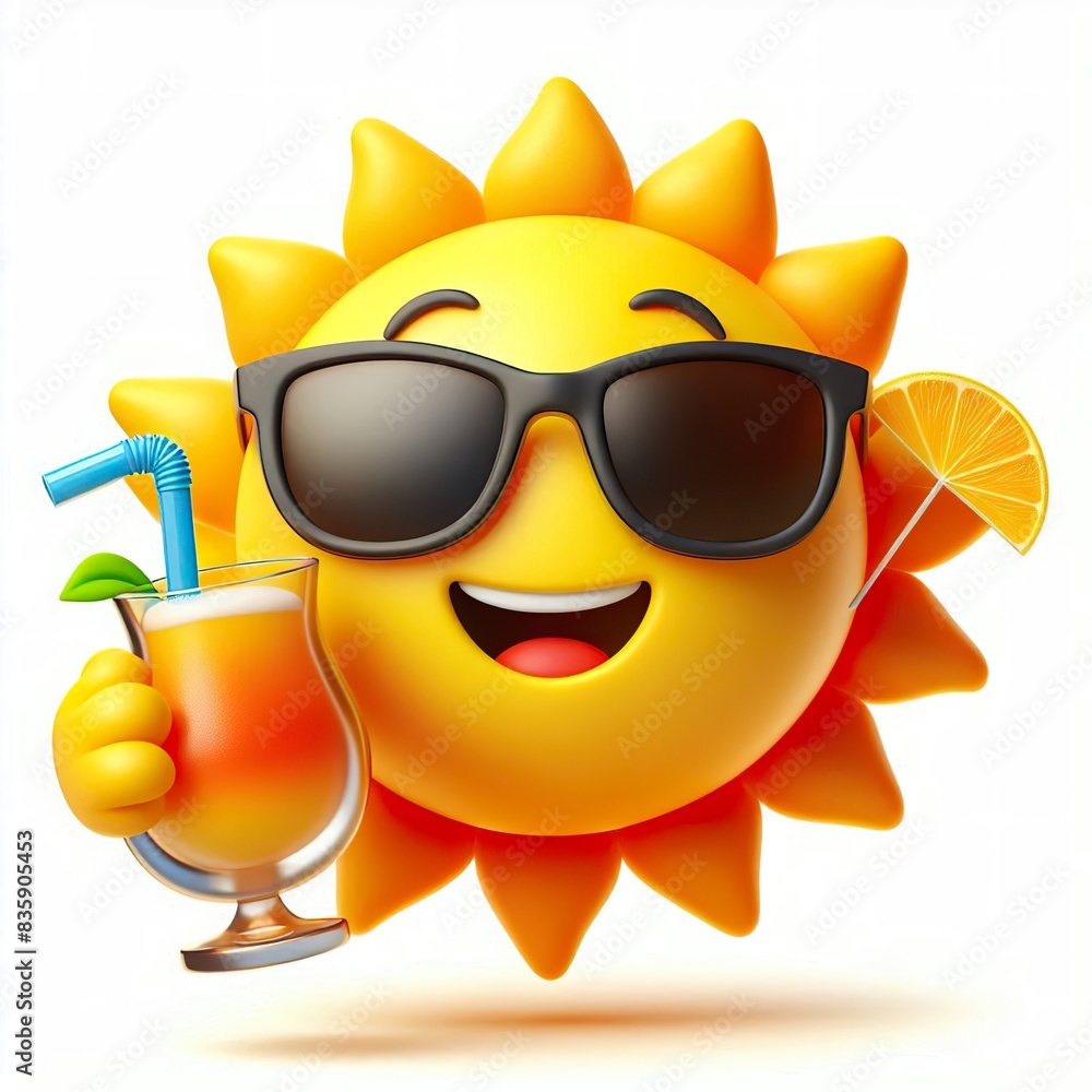 a 3D sun emoji wearing sunglasses holding a cocktail mug on a white background a 3D sun emoji wearing sunglasses holding a cocktail mug on a white background
