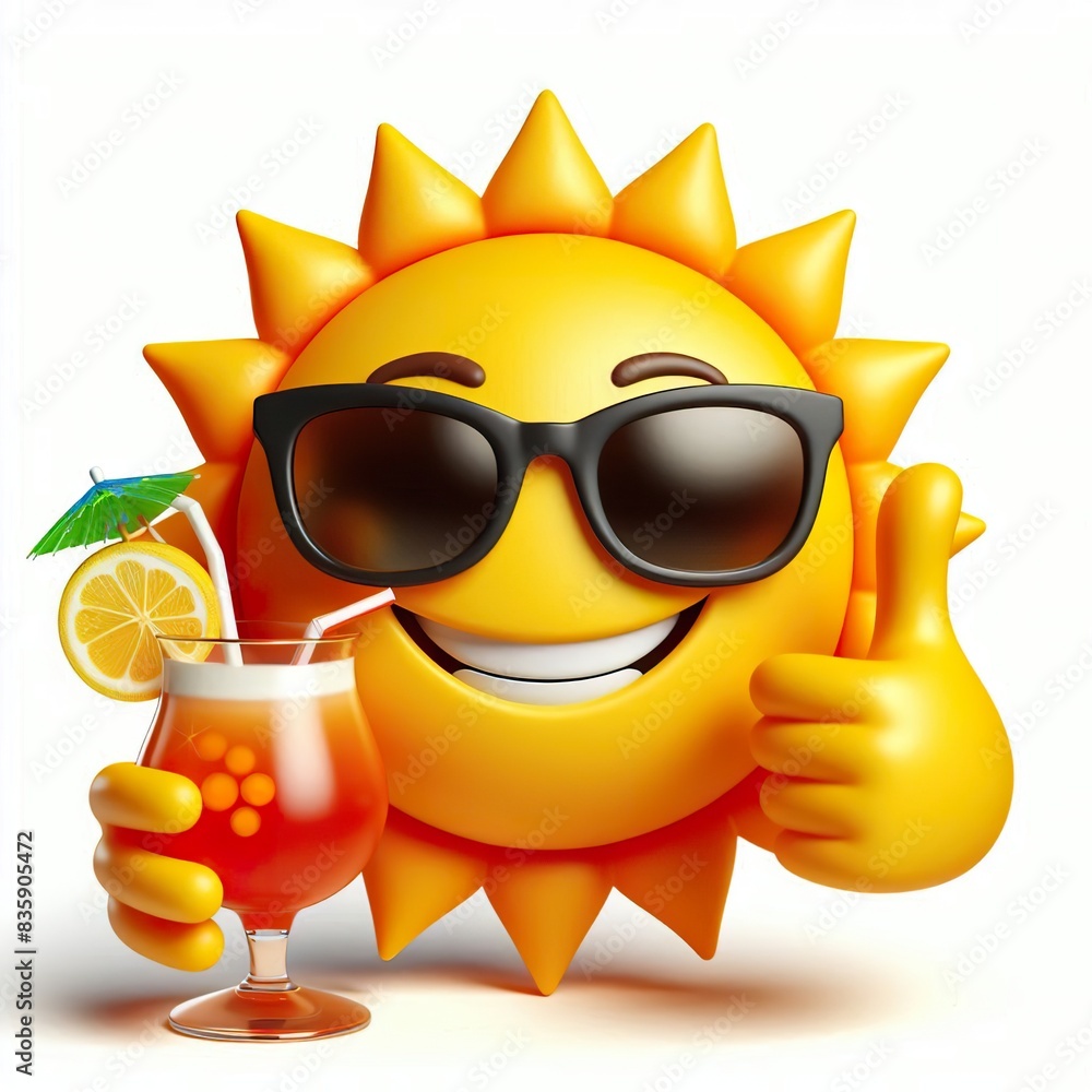 a 3D sun emoji wearing sunglasses holding a cocktail mug on a white background a 3D sun emoji wearing sunglasses holding a cocktail mug on a white background