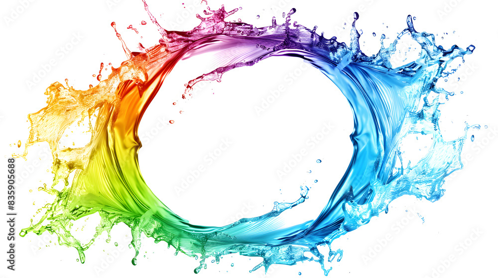 water splash in the shape of round circle, circular, rainbow color, white background, isolated, gradient color water splash in the shape of round circle, circular, rainbow color, white background, isolated, gradient color