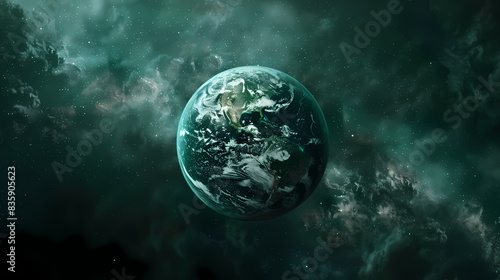 a planet earth with a green globe and the words all around it . © TP SHOTS