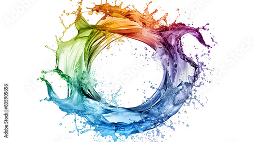 water splash in the shape of round circle, circular, rainbow color, white background, isolated, gradient color