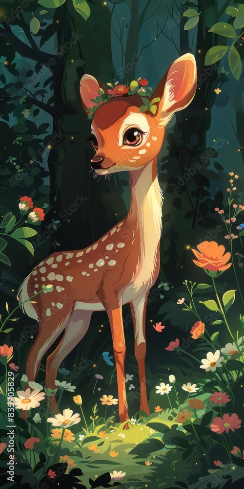 Majestic deer surrounded by vibrant flowers in an enchanting forest scene. Majestic deer surrounded by vibrant flowers in an enchanting forest scene.