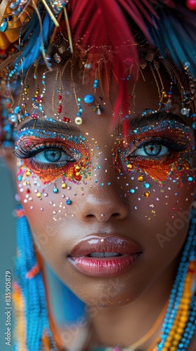 Close-up portrait of a woman with vibrant festival makeup and colorful accessories.