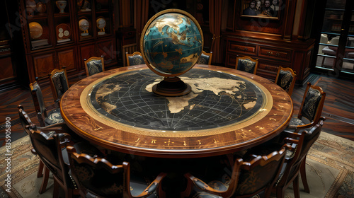 A round table with a globe on it and chairs around it.