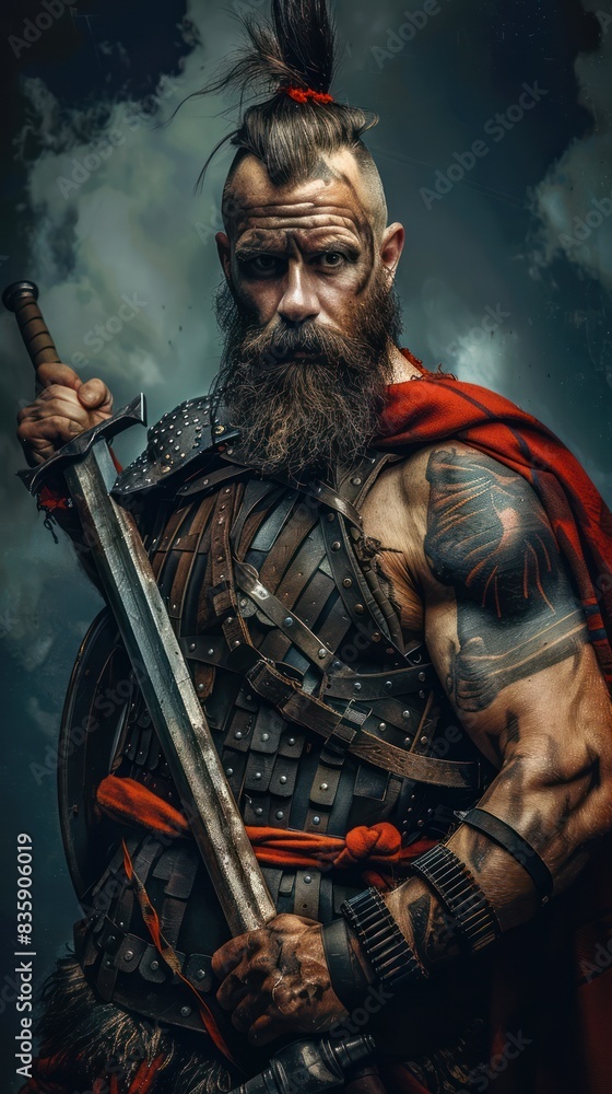 Fototapeta premium Fierce warrior in ancient armor holding a sword, with a dramatic sky background.