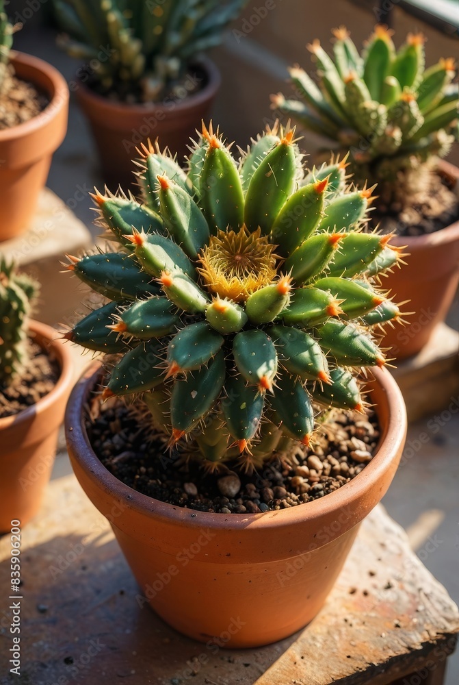 Close-Up of a Spiky Cactus in a Terracotta Pot Close-Up of a Spiky Cactus in a Terracotta Pot