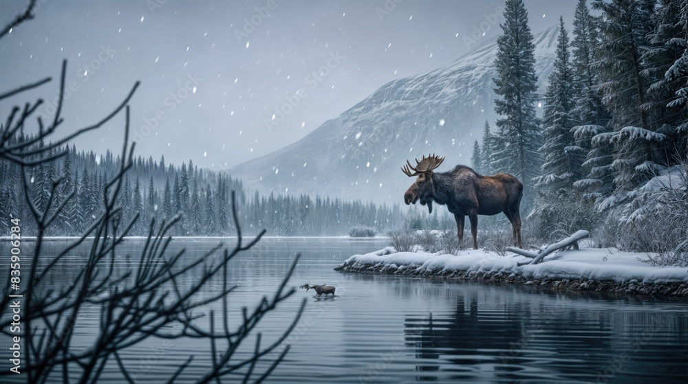 A moose animal standing at lake A moose animal standing at lake