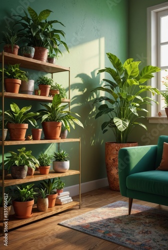Living Room with Green Plants, Sofa, and Wooden Shelf
