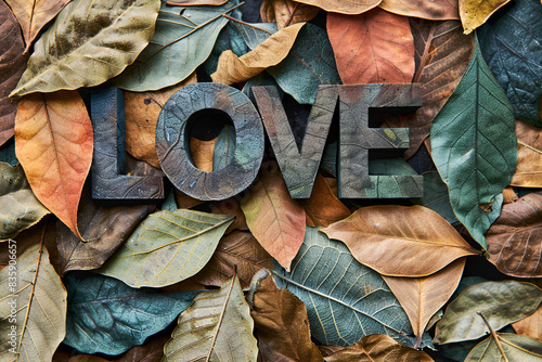 Love Embossed, Autumn Leaves Texture, Faded Colors, Rustic Typography.