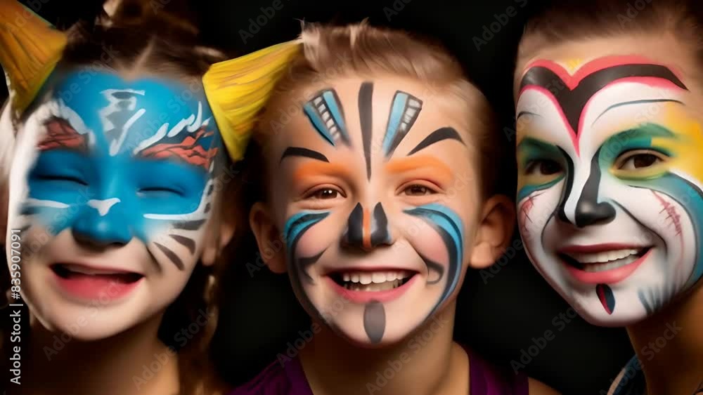 Face-painting creating fantastical characters on the faces of children Face-painting creating fantastical characters on the faces of children