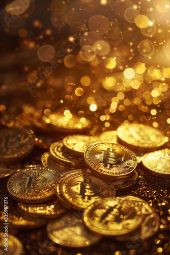A pile of gold coins with a symbol on top features lighting effects and a bokeh effect, creating depth of field.