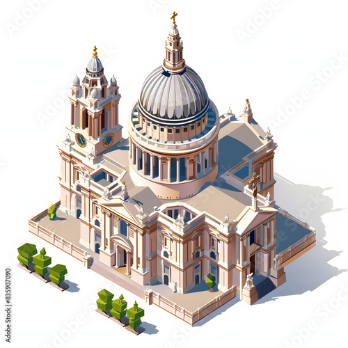 The famous st pauls cathedral of london during sunset isolated on white background, isometry, png
 photo