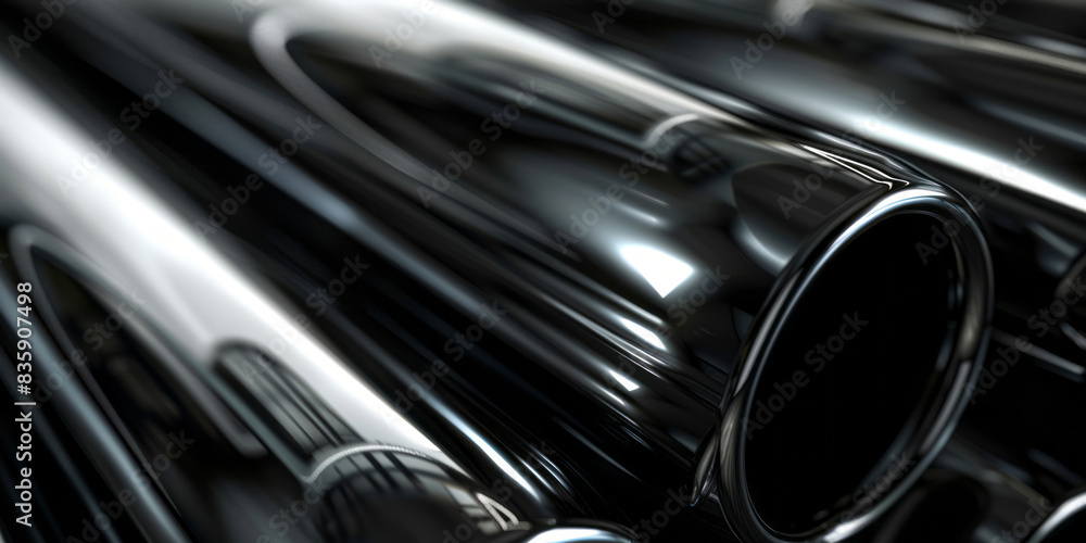 A close-up photograph highlights the reflective surface and sleek design of stainless steel pipes against a dark background to accentuate details. A close-up photograph highlights the reflective surface and sleek design of stainless steel pipes against a dark background to accentuate details.